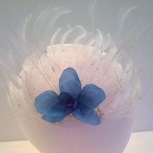 Blue Silk Orchid and White Feathers Fascinator